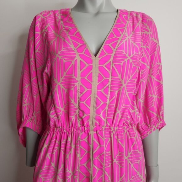 Alice Trixie Hot Pink With Gold Geo Print Silk V Neck Tunic Mini Dress Size S - Picture 2 of 12